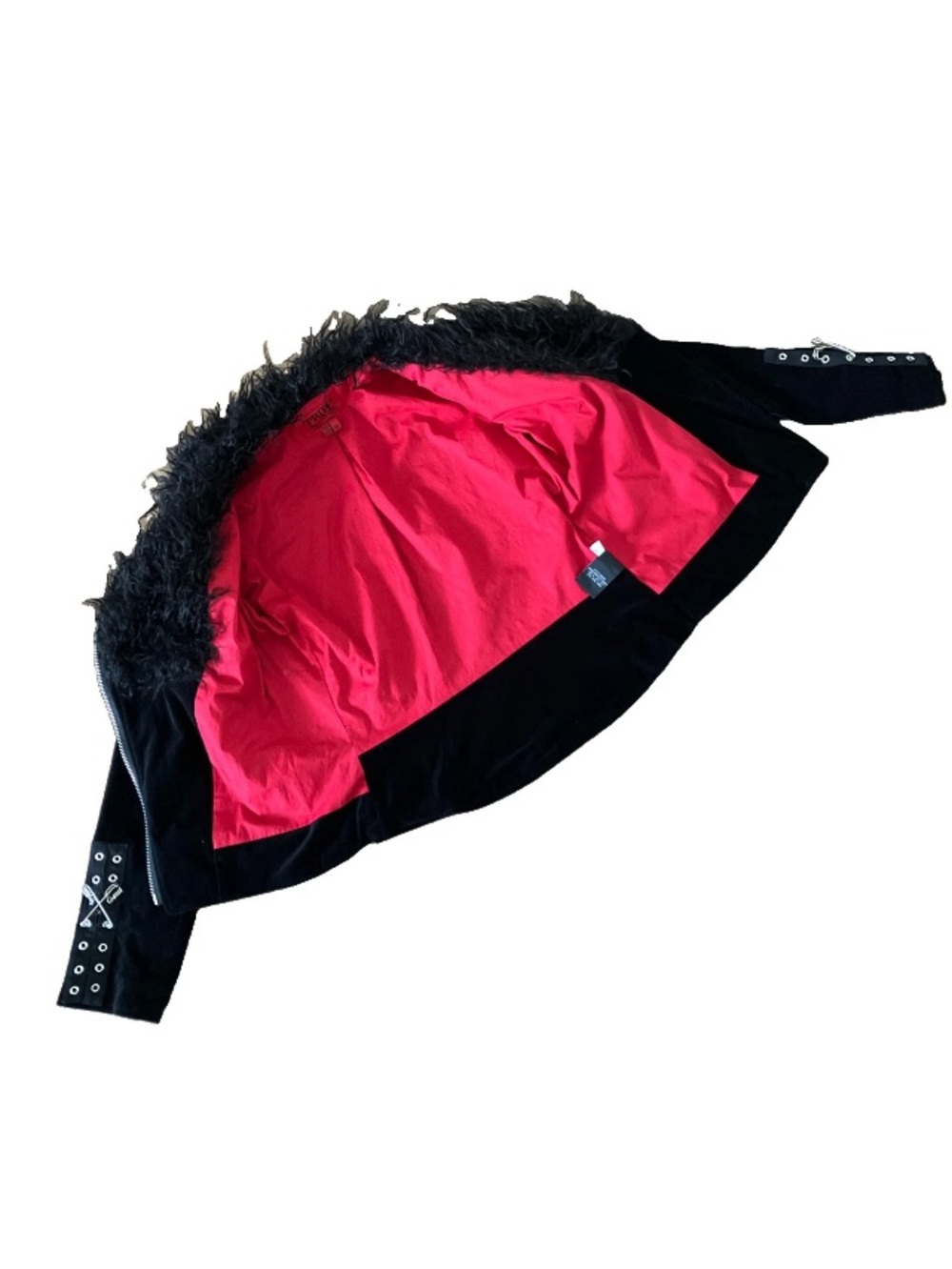 Vintage Tripp NYC Moto Jacket Velvet Faux Fur M Black Bondage Goth Y2K Punk Moto - Picture 11 of 16